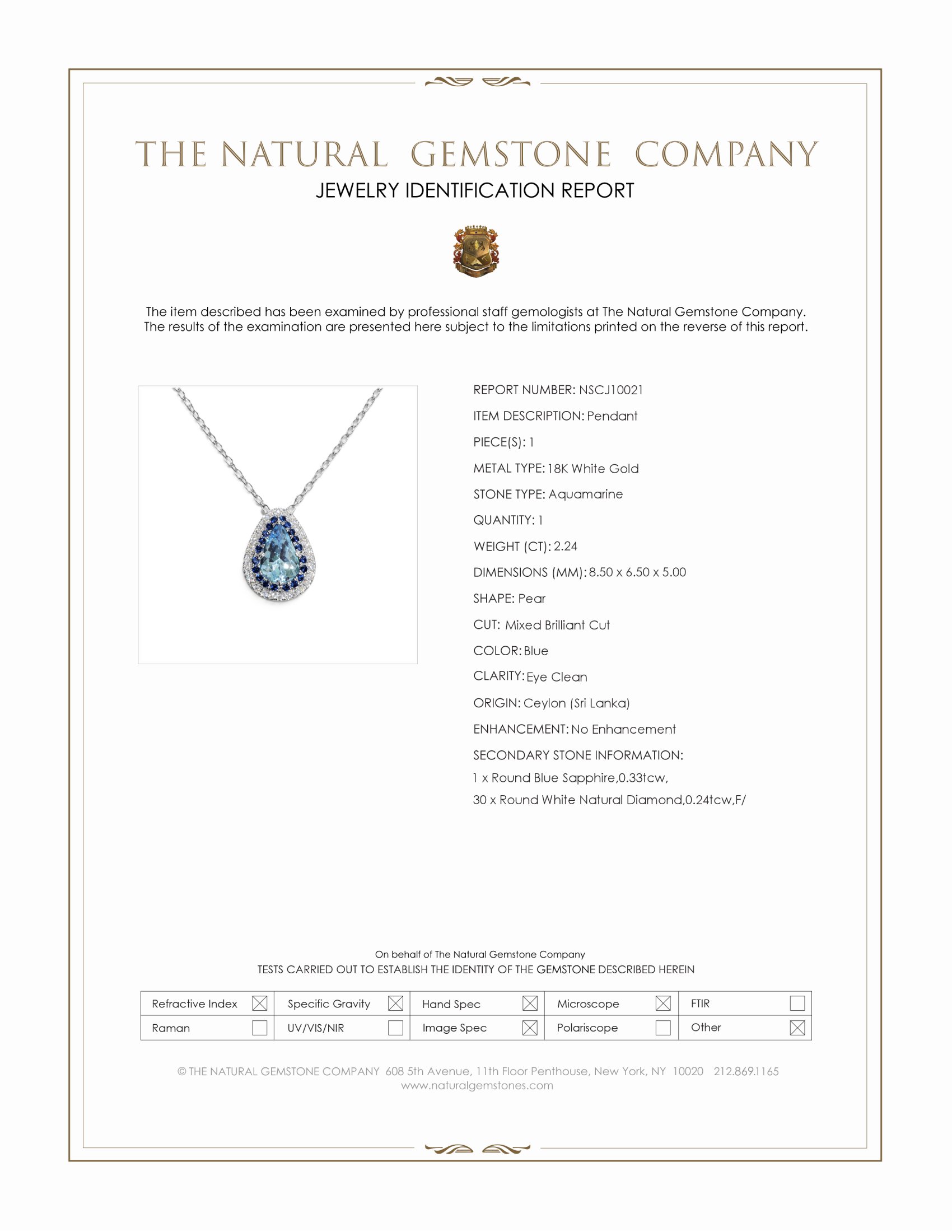 2.24 Ct. Blue Aquamarine, Blue Sapphire and Natural Diamond Halo Pendant, 18K White Gold