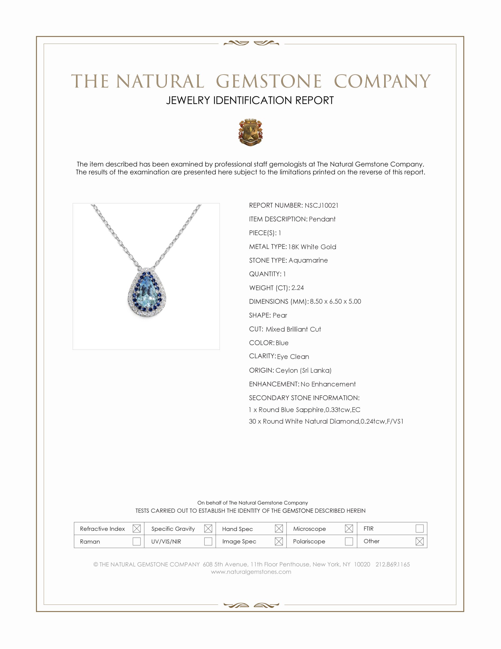 2.24 Ct. Blue Aquamarine, Blue Sapphire and Natural Diamond Halo Pendant, 18K White Gold