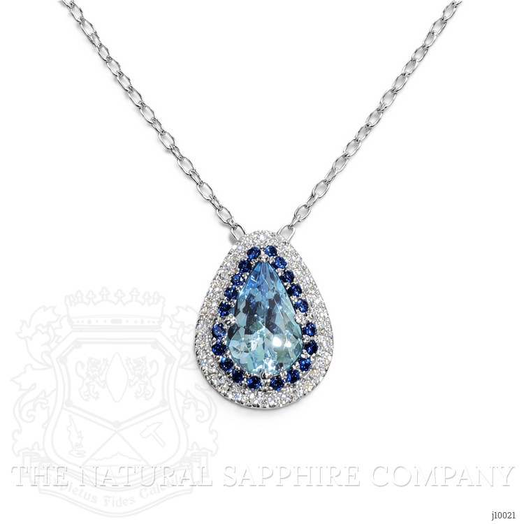2.24 Ct. Blue Aquamarine, Blue Sapphire and Natural Diamond Halo Pendant, 18K White Gold