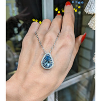 2.24 Ct. Aquamarine Sapphire Halo Necklace, 18K White Gold Life Style