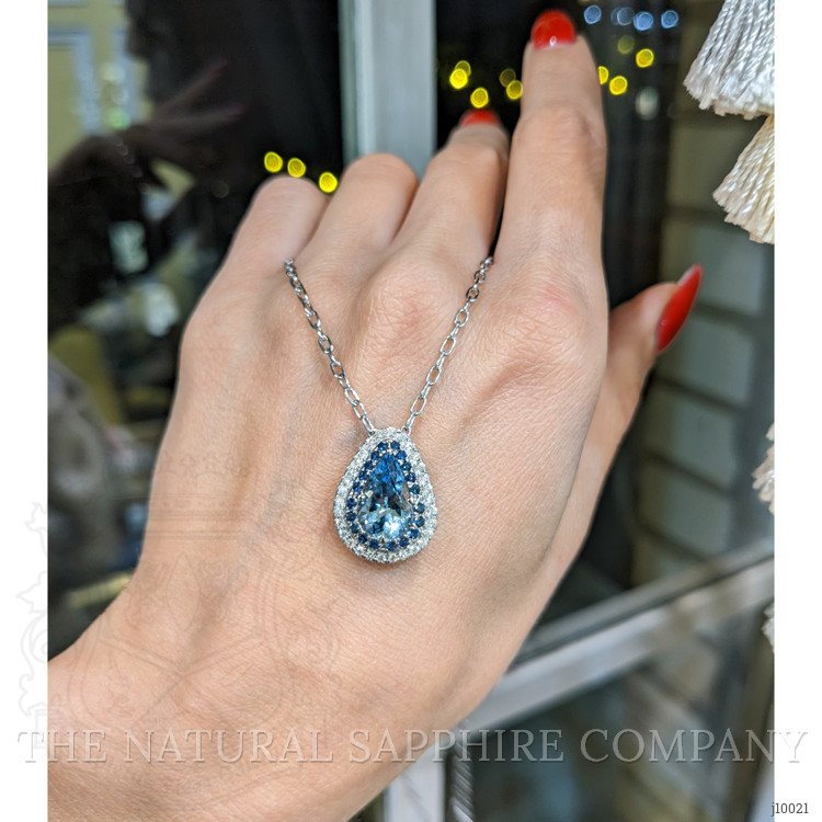 2.24 Ct. Aquamarine Sapphire Halo Necklace, 18K White Gold