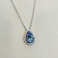 2.24 Ct. Aquamarine Sapphire Halo Necklace, 18K White Gold Life Style