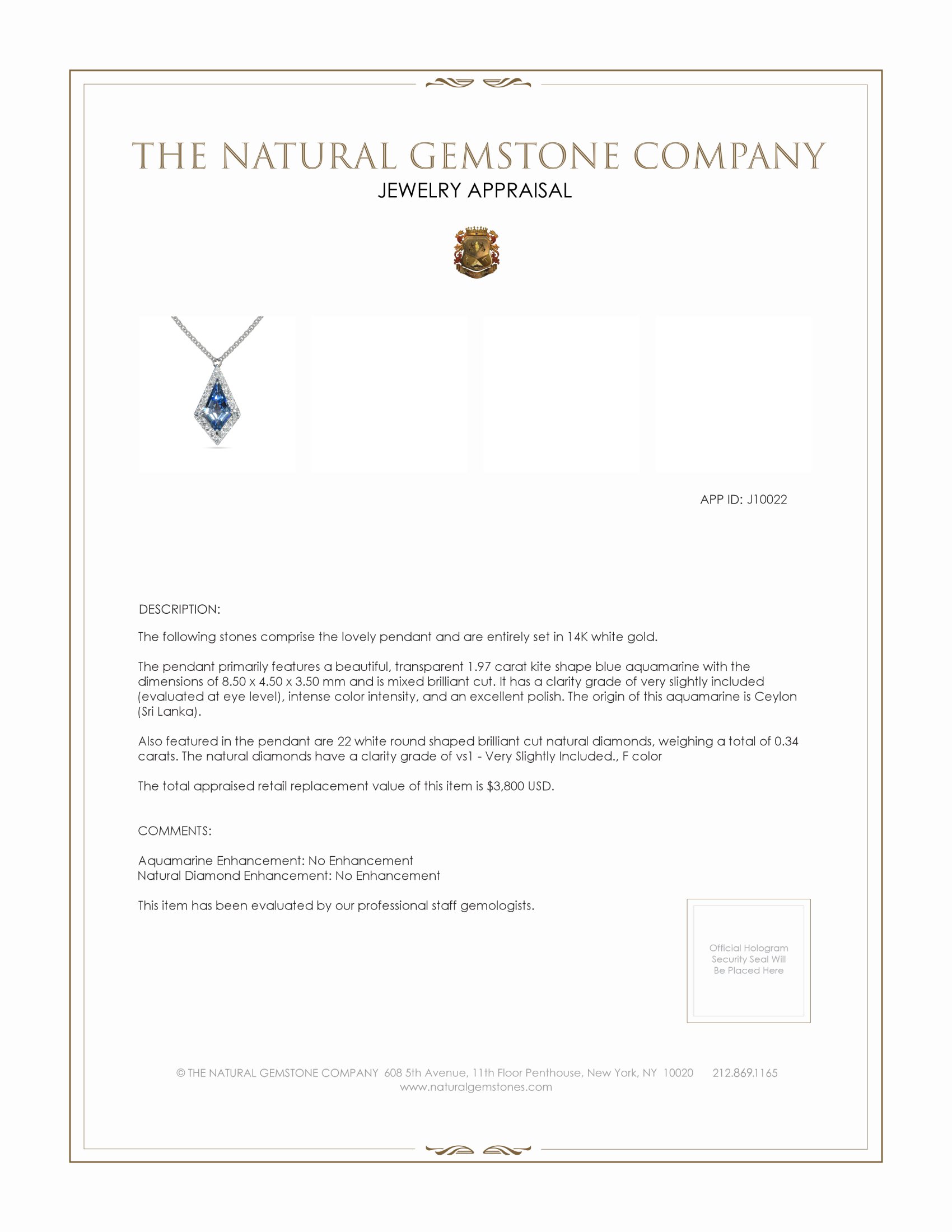 1.97 Ct. Aquamarine Natural Diamond Halo Pendant, 14K White Gold