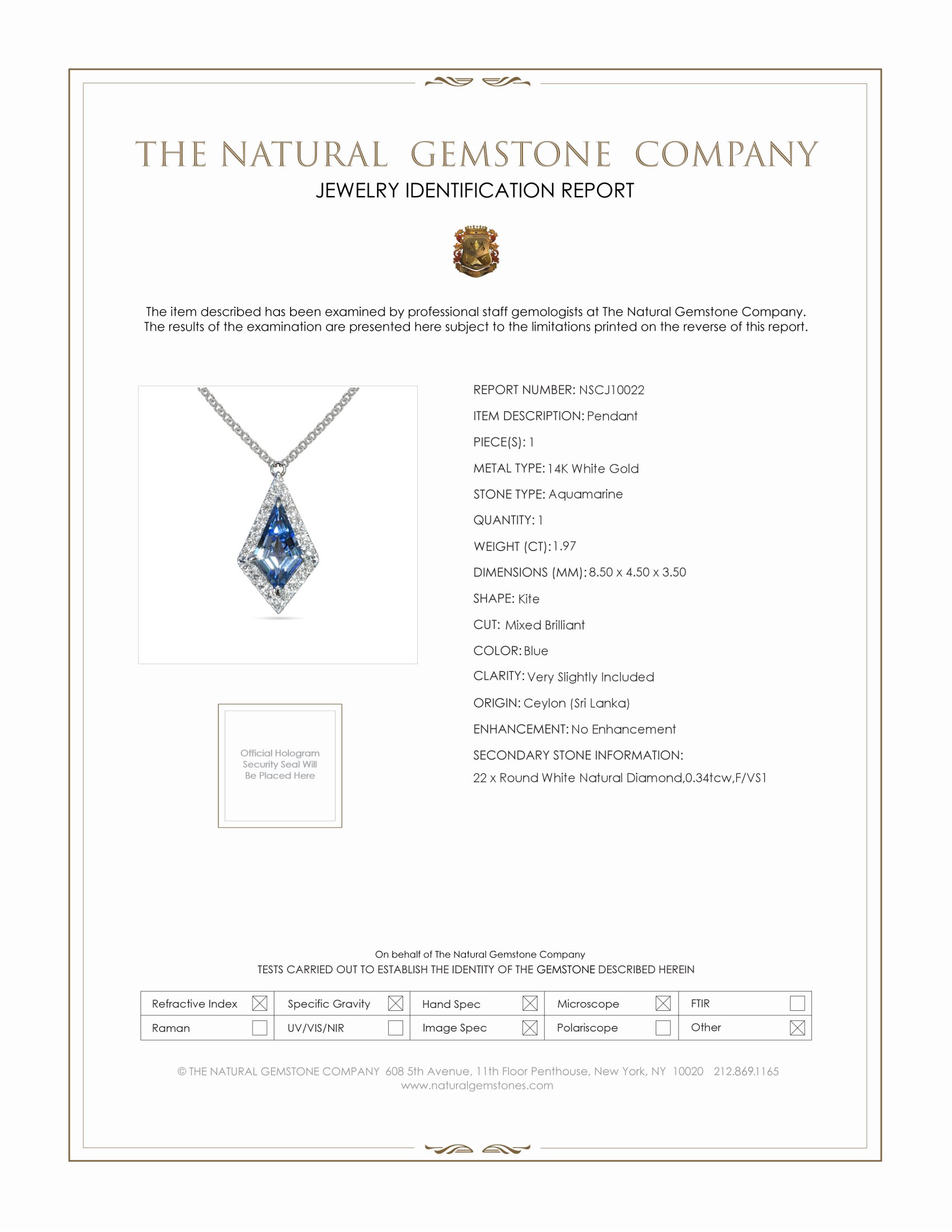 1.97 Ct. Aquamarine Natural Diamond Halo Pendant, 14K White Gold