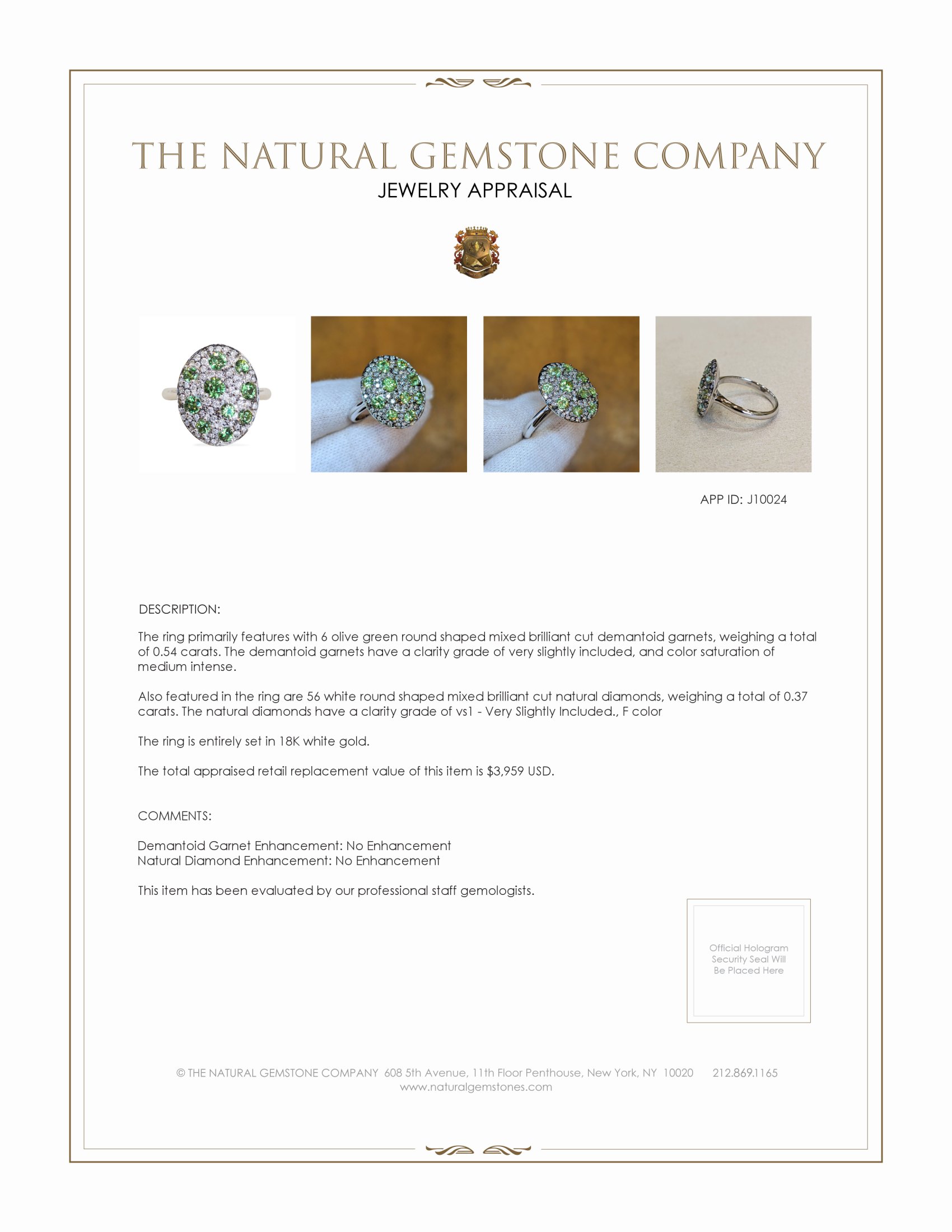 6.54 Ct. Demantoid Garnet Natural Diamond Pave Ring, 18K White Gold