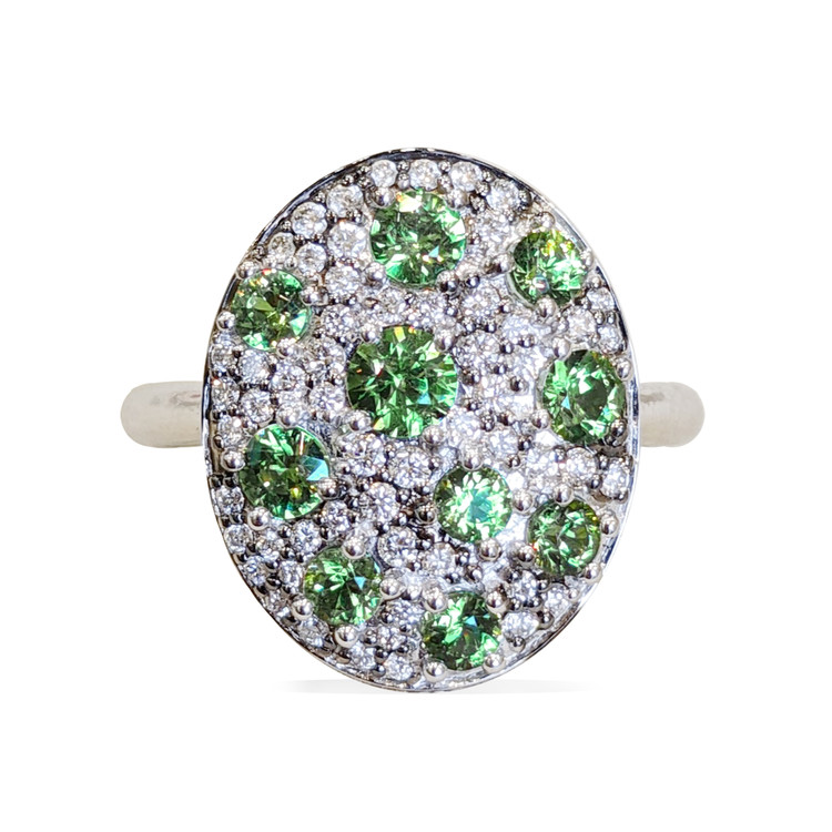 6.54 Ct. Demantoid Garnet Natural Diamond Pave Ring, 18K White Gold