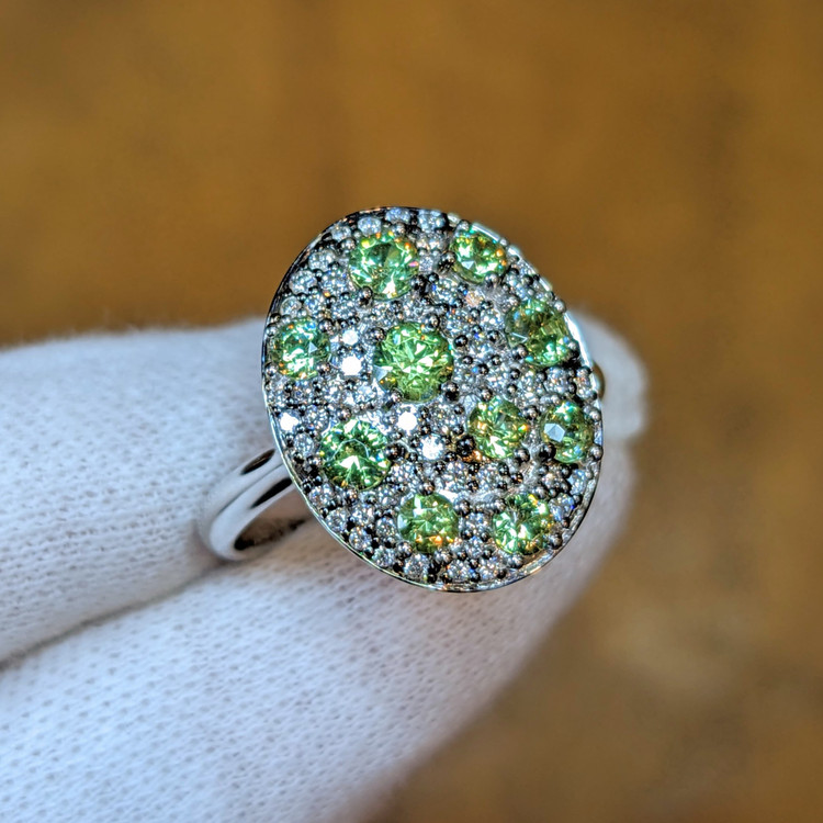 6.54 Ct. Demantoid Garnet Natural Diamond Pave Ring, 18K White Gold