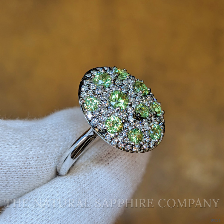 6.54 Ct. Demantoid Garnet Natural Diamond Pave Ring, 18K White Gold