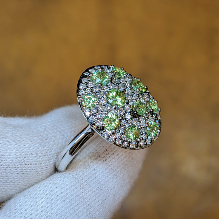 6.54 Ct. Demantoid Garnet Natural Diamond Pave Ring, 18K White Gold