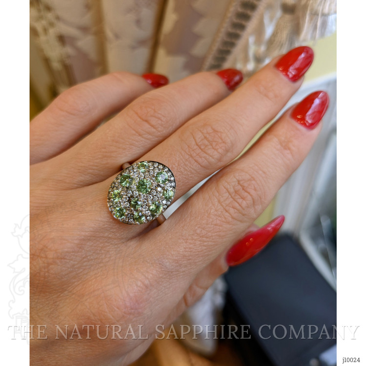6.54 Ct. Demantoid Garnet Natural Diamond Pave Ring, 18K White Gold