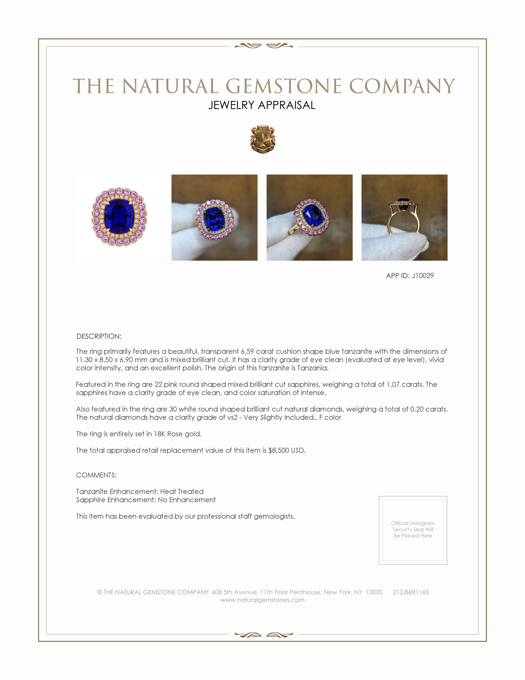 6.59 Ct. Blue Tanzanite, Pink Sapphire and Natural Diamond Halo Ring, 18K Rose Gold