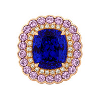 6.59 Ct. Blue Tanzanite, Pink Sapphire and Natural Diamond Halo Ring, 18K Rose Gold Image