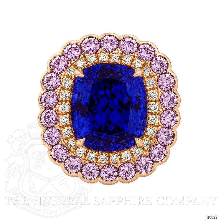 6.59 Ct. Blue Tanzanite, Pink Sapphire and Natural Diamond Halo Ring, 18K Rose Gold