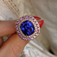 6.59 Ct. Tanzanite Sapphire Halo Ring, 18K Rose Gold Life Style