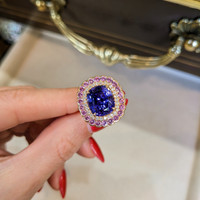 6.59 Ct. Tanzanite Sapphire Halo Ring, 18K Rose Gold Life Style