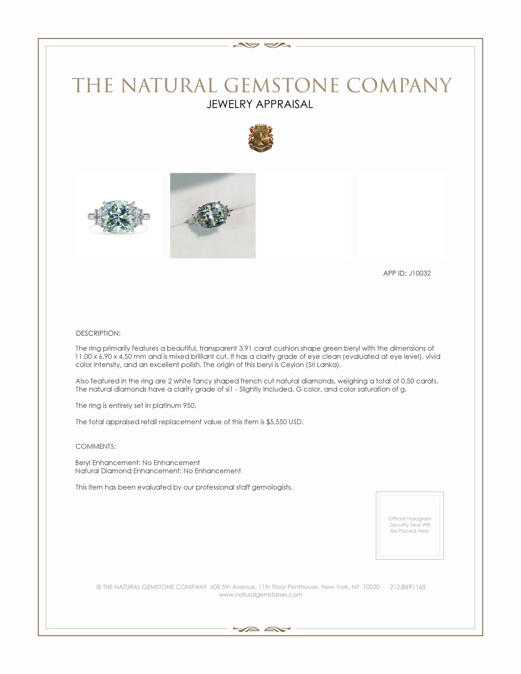 3.91 Ct. Green Beryl and Natural Diamond Three Stone Ring, Platinum 950