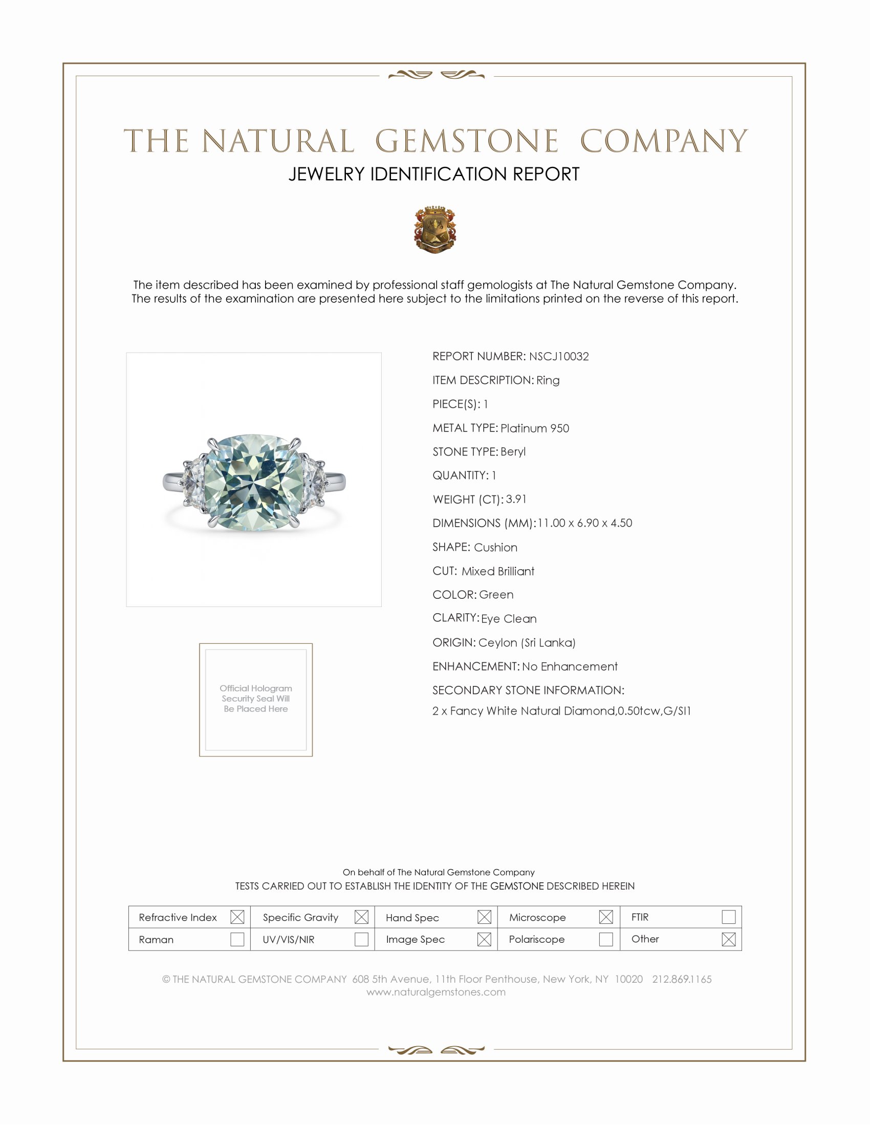 3.91 Ct. Green Beryl and Natural Diamond Three Stone Ring, Platinum 950