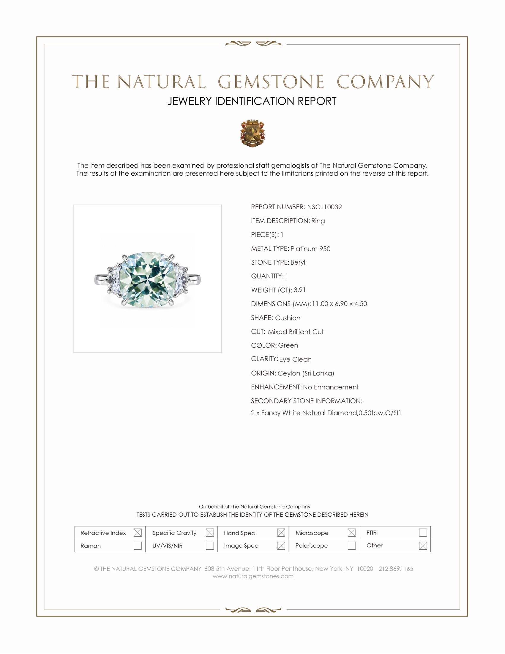 3.91 Ct. Green Beryl and Natural Diamond Three Stone Ring, Platinum 950