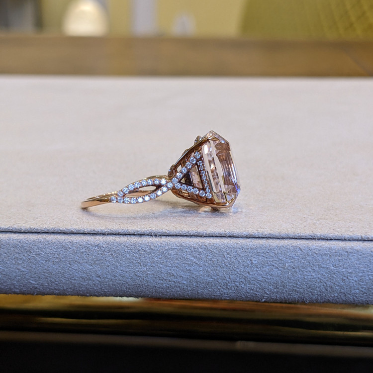 16.93 Ct. Morganite Natural Diamond Pave Ring, 14K Rose Gold