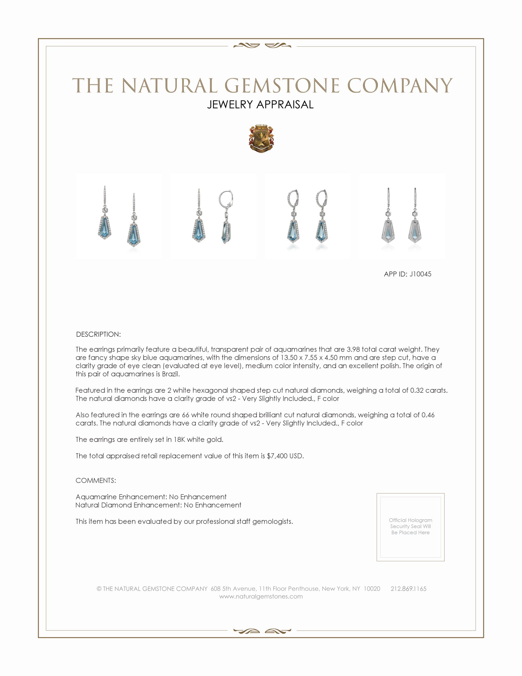 3.98 Ct.Tw. Aquamarine Natural Diamond Pave Earrings, 18K White Gold