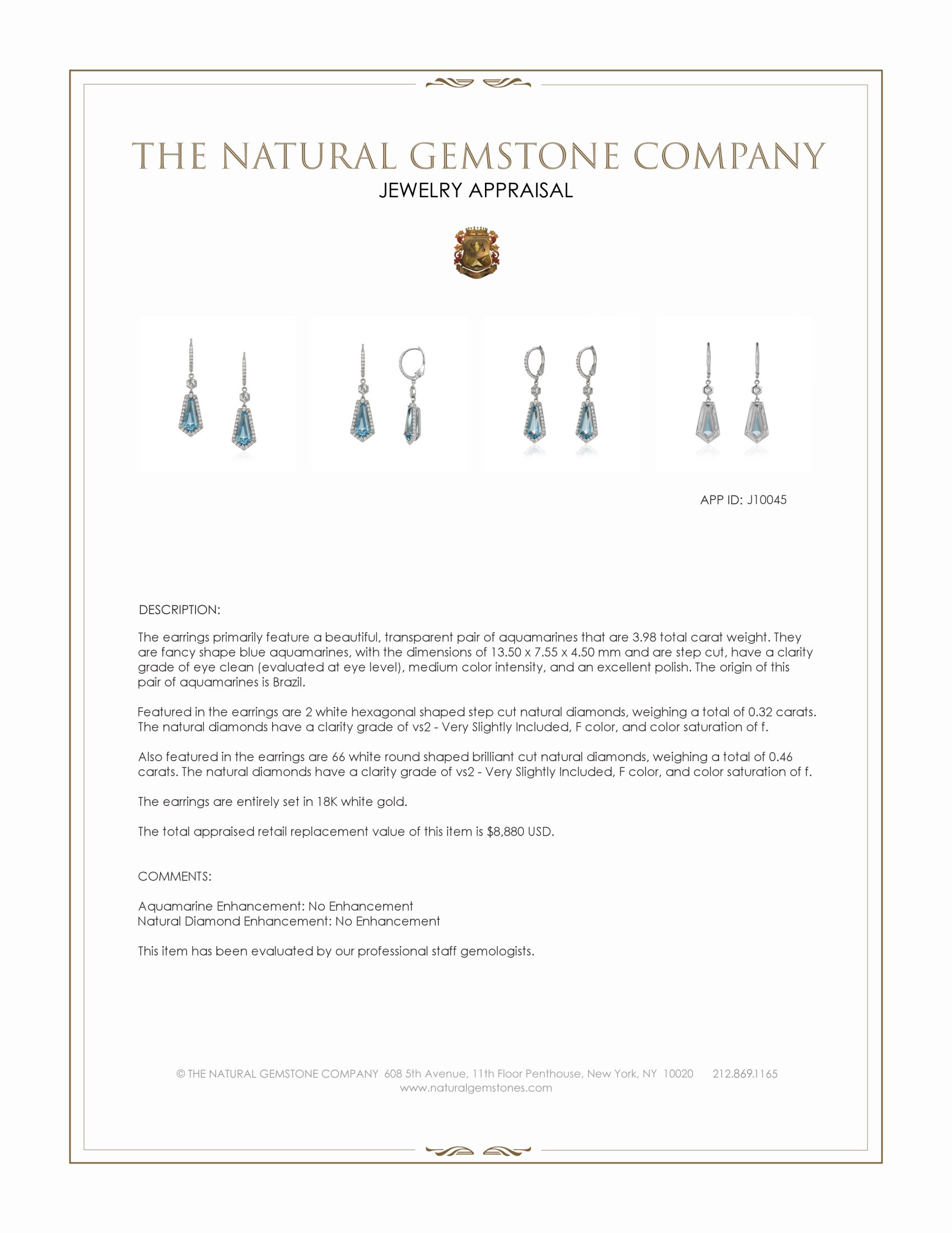 3.98 Ct.Tw. Aquamarine Natural Diamond Pave Earrings, 18K White Gold