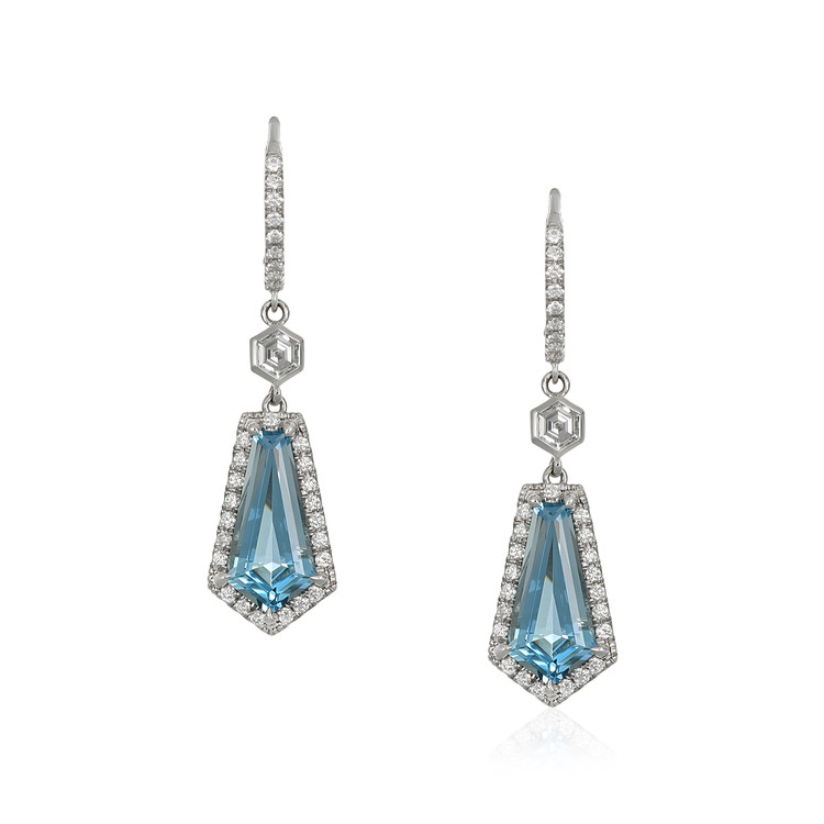 3.98 Ct.Tw. Aquamarine Natural Diamond Pave Earrings, 18K White Gold