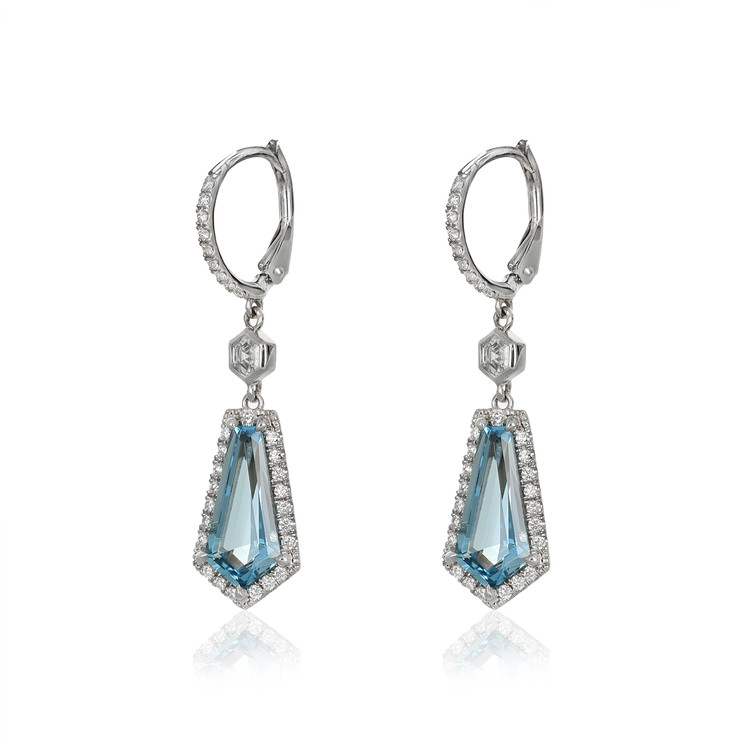 3.98 Ct.Tw. Aquamarine Natural Diamond Pave Earrings, 18K White Gold