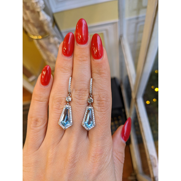 3.98 Ct.Tw. Aquamarine Natural Diamond Pave Earrings, 18K White Gold