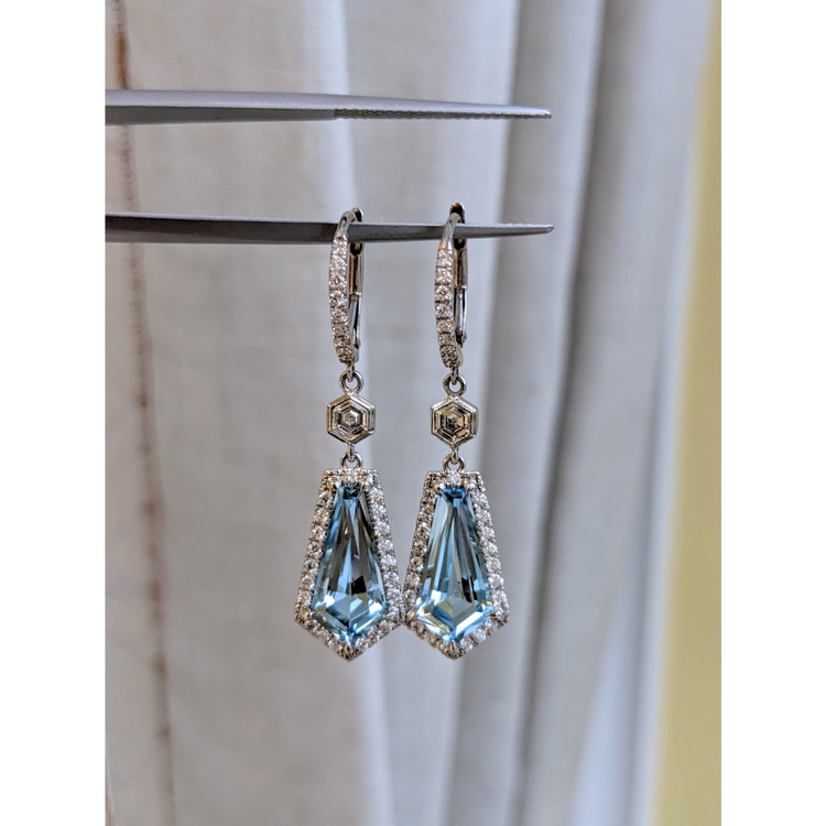 3.98 Ct.Tw. Aquamarine Natural Diamond Pave Earrings, 18K White Gold