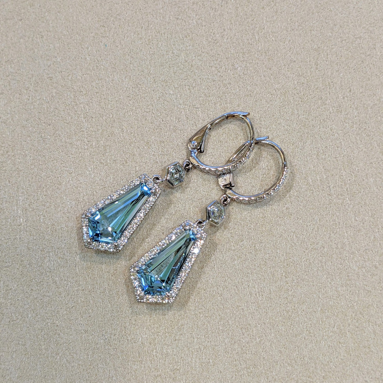 3.98 Ct.Tw. Aquamarine Natural Diamond Pave Earrings, 18K White Gold