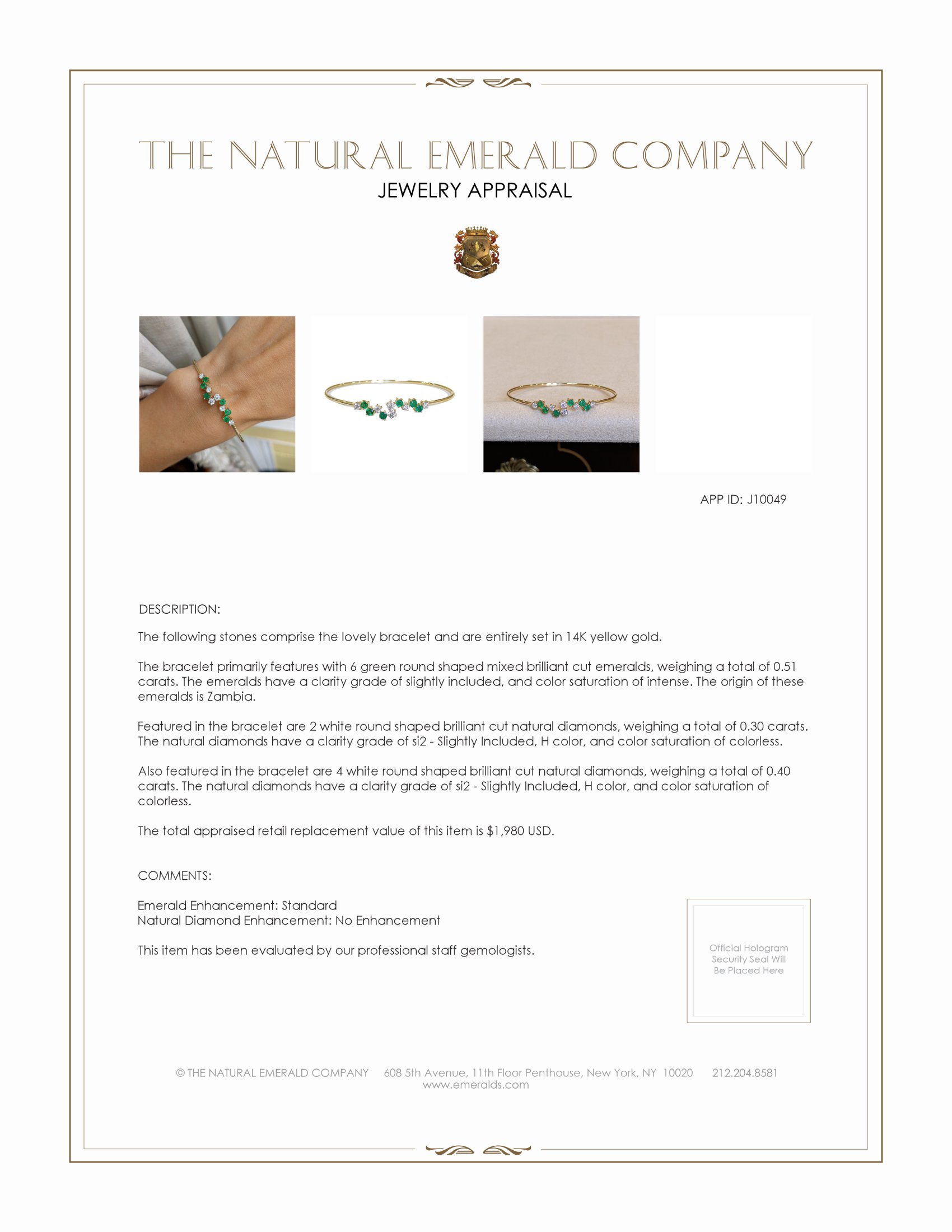0.51 Ct.Tw. Emerald Natural Diamond Bangle Bracelet, 14K Yellow Gold