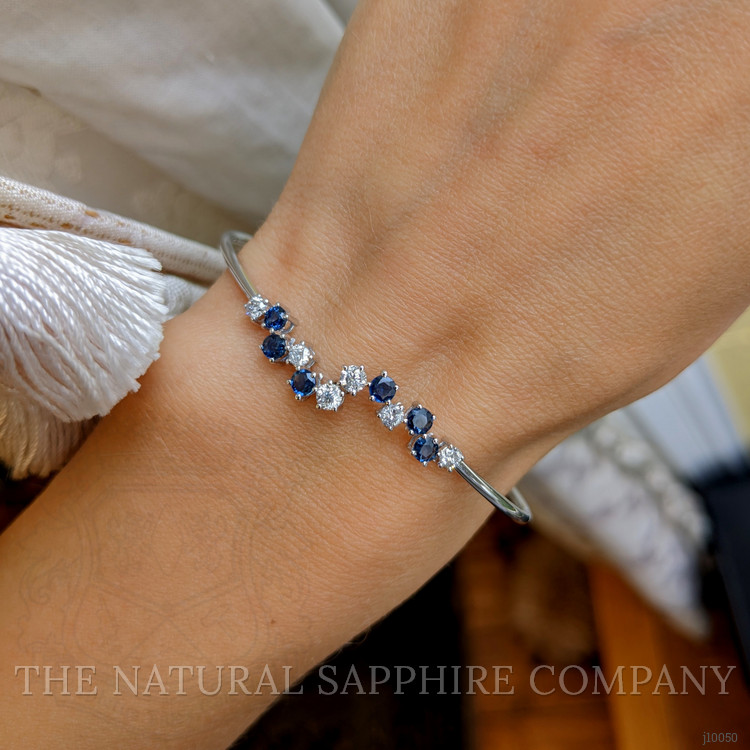 0.62 Ct.Tw. Blue Sapphire and Natural Diamond Bangle Bracelet, 14K White Gold