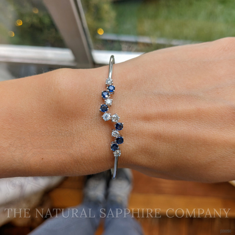 0.62 Ct.Tw. Blue Sapphire and Natural Diamond Bangle Bracelet, 14K White Gold