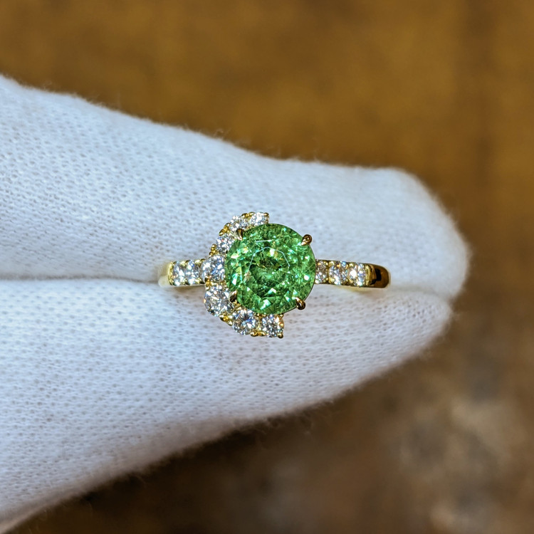 1.71 Ct. Demantoid Garnet Natural Diamond Pave Ring, 18K Yellow Gold
