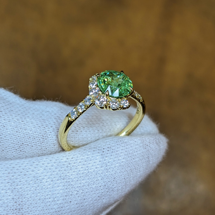 1.71 Ct. Demantoid Garnet Natural Diamond Pave Ring, 18K Yellow Gold