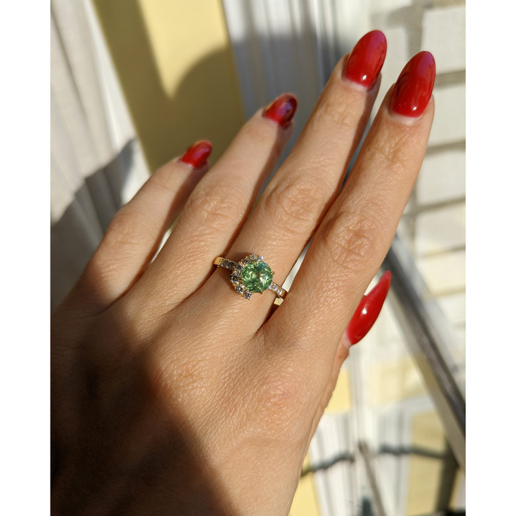 1.71 Ct. Demantoid Garnet Natural Diamond Pave Ring, 18K Yellow Gold