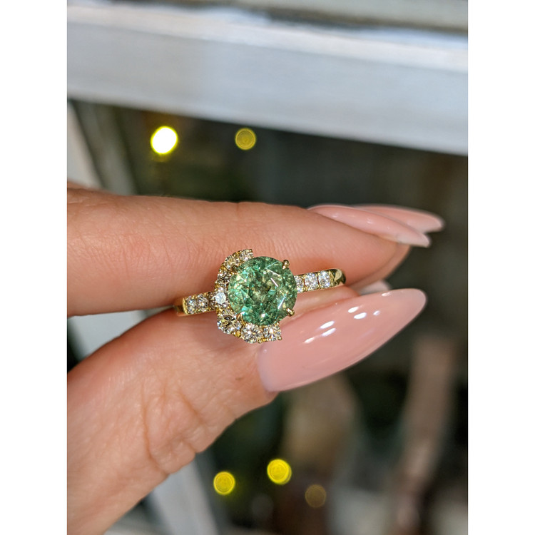 1.71 Ct. Demantoid Garnet Natural Diamond Pave Ring, 18K Yellow Gold
