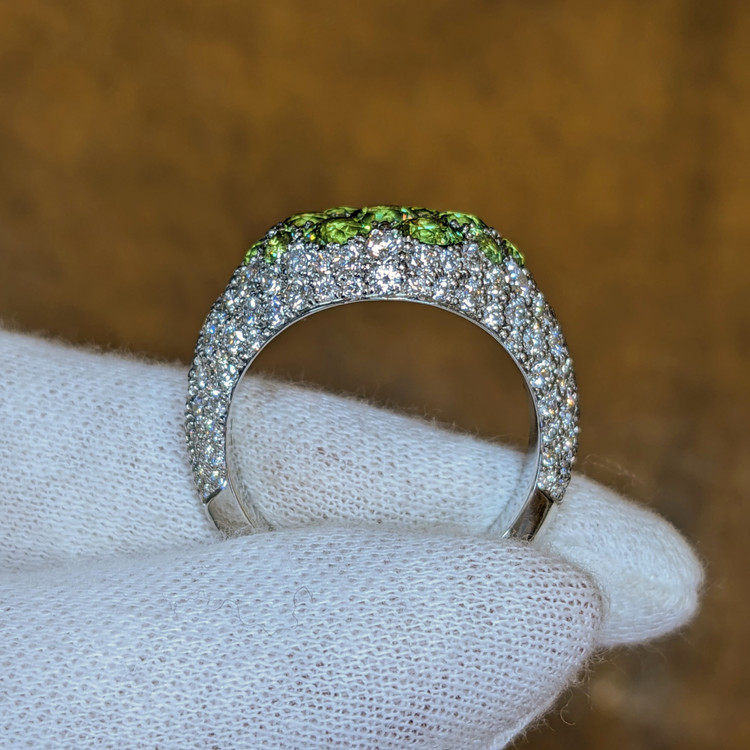0.66 Ct. Demantoid Garnet Natural Diamond Pave Ring, 18K White Gold