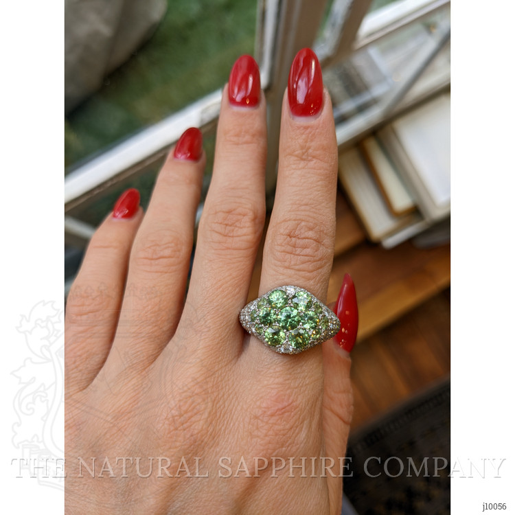 0.66 Ct. Demantoid Garnet Natural Diamond Pave Ring, 18K White Gold