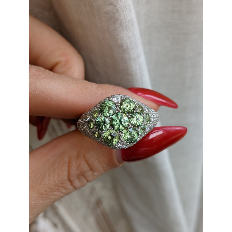 0.66 Ct. Demantoid Garnet Natural Diamond Pave Ring, 18K White Gold
