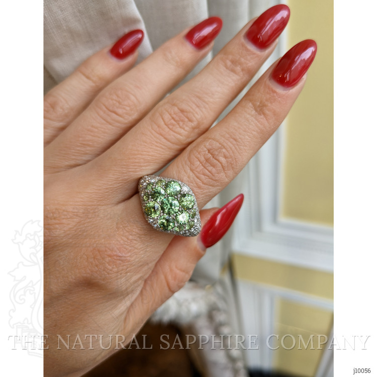 0.66 Ct. Demantoid Garnet Natural Diamond Pave Ring, 18K White Gold