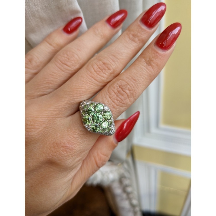 0.66 Ct. Demantoid Garnet Natural Diamond Pave Ring, 18K White Gold
