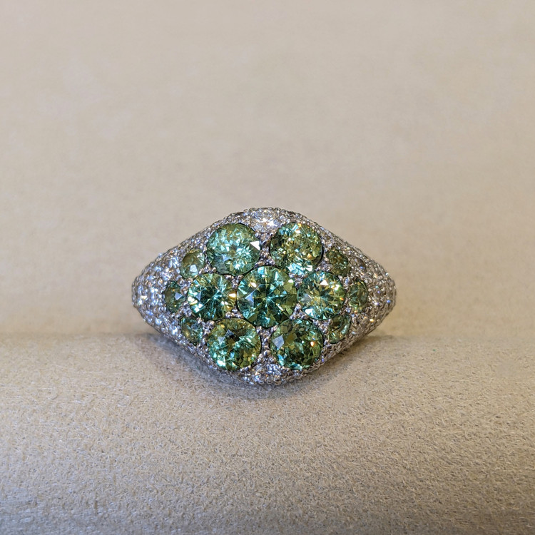 0.66 Ct. Demantoid Garnet Natural Diamond Pave Ring, 18K White Gold