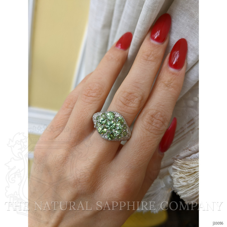 0.66 Ct. Demantoid Garnet Natural Diamond Pave Ring, 18K White Gold
