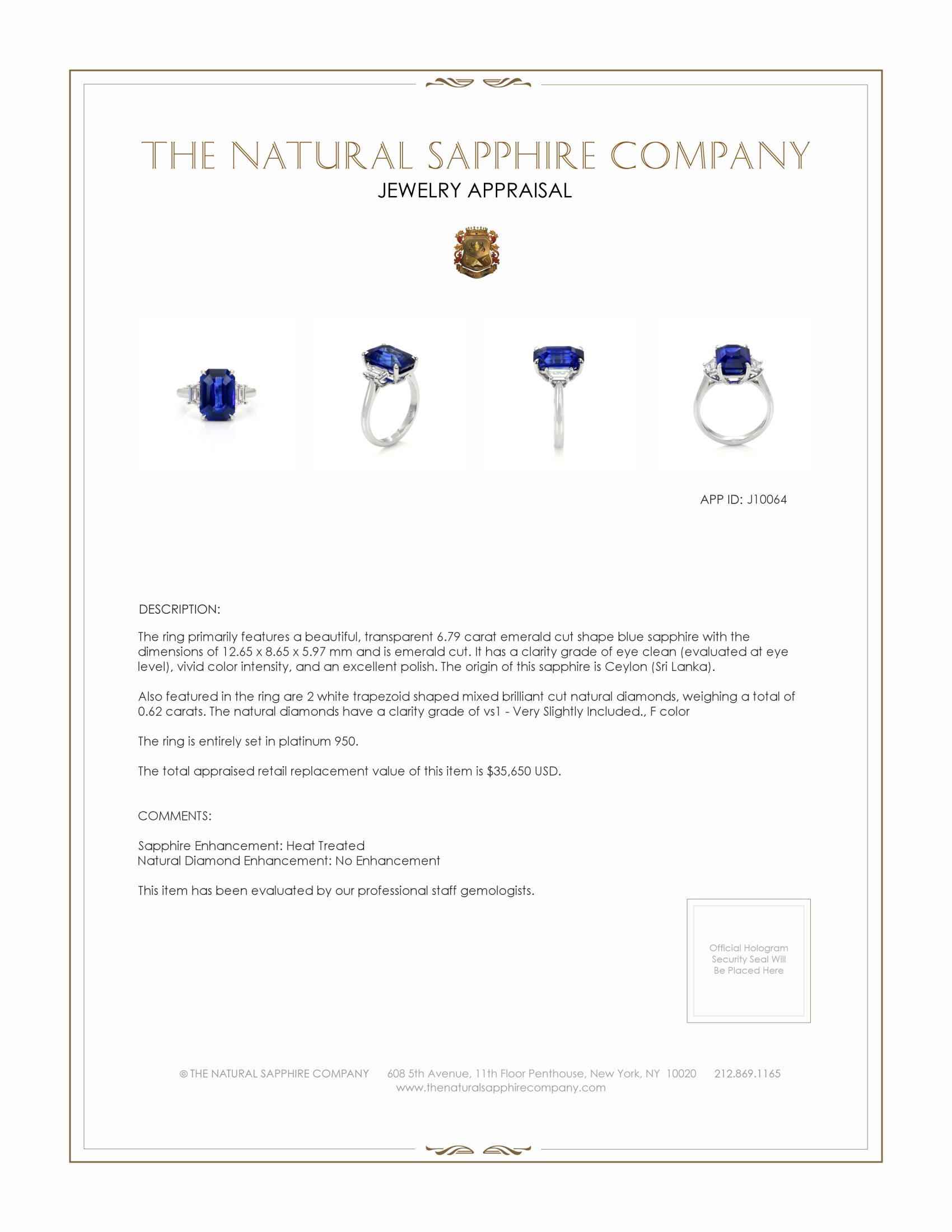 6.79 Ct. Blue Sapphire and Natural Diamond Three Stone Ring, Platinum 950