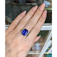 6.79 Ct. Blue Sapphire and Natural Diamond Three Stone Ring, Platinum 950 Life Style