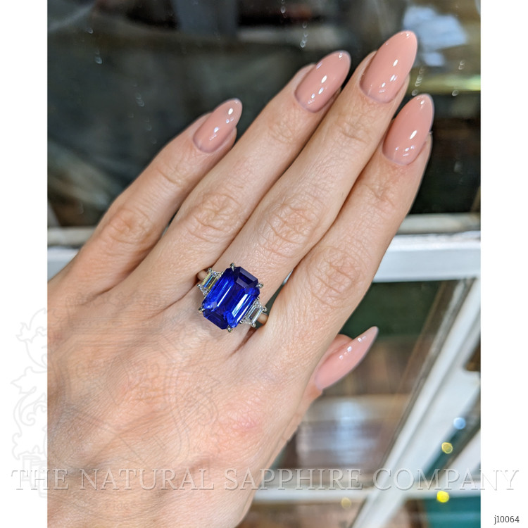 6.79 Ct. Blue Sapphire and Natural Diamond Three Stone Ring, Platinum 950
