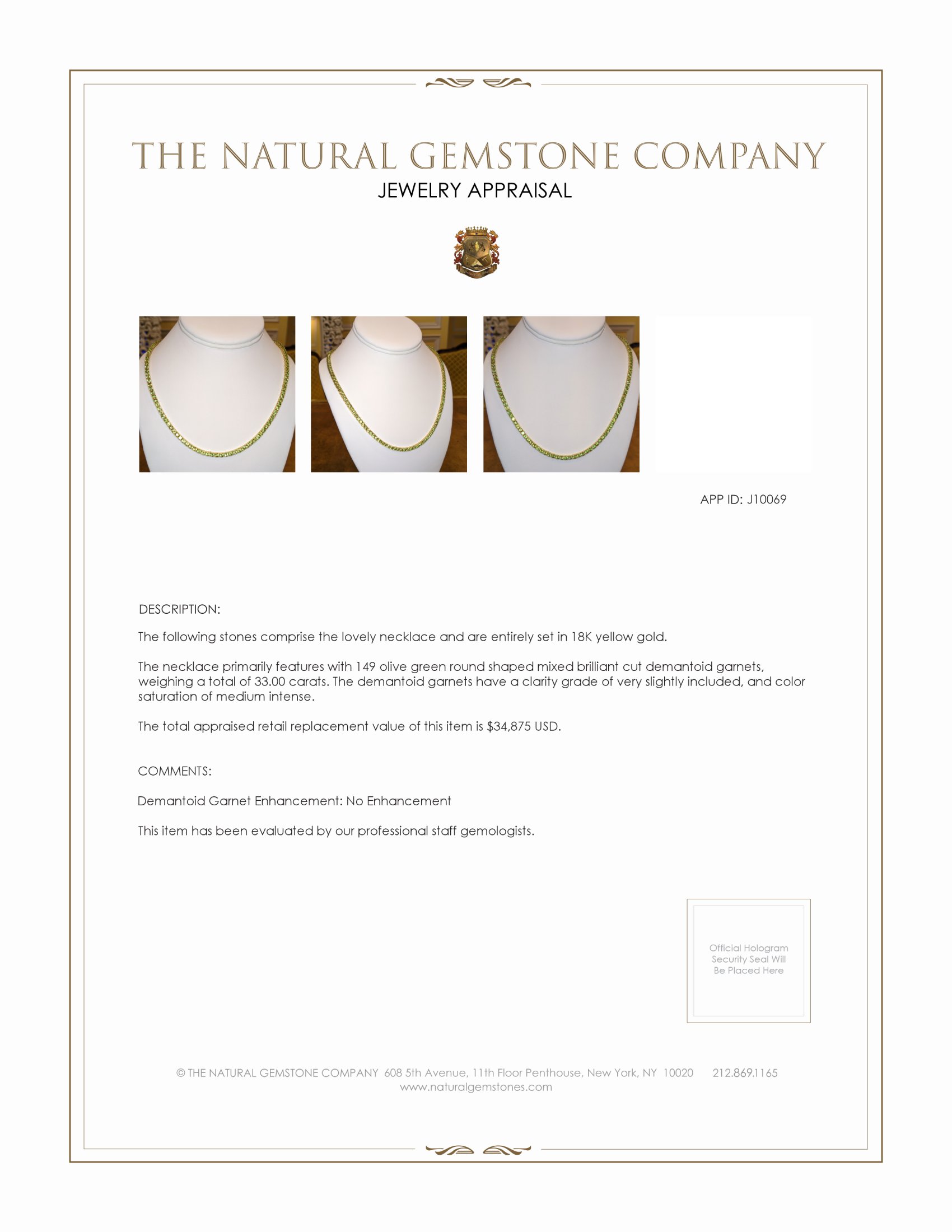 33.00 Ct. Demantoid Garnet Pave Necklace, 18K Yellow Gold