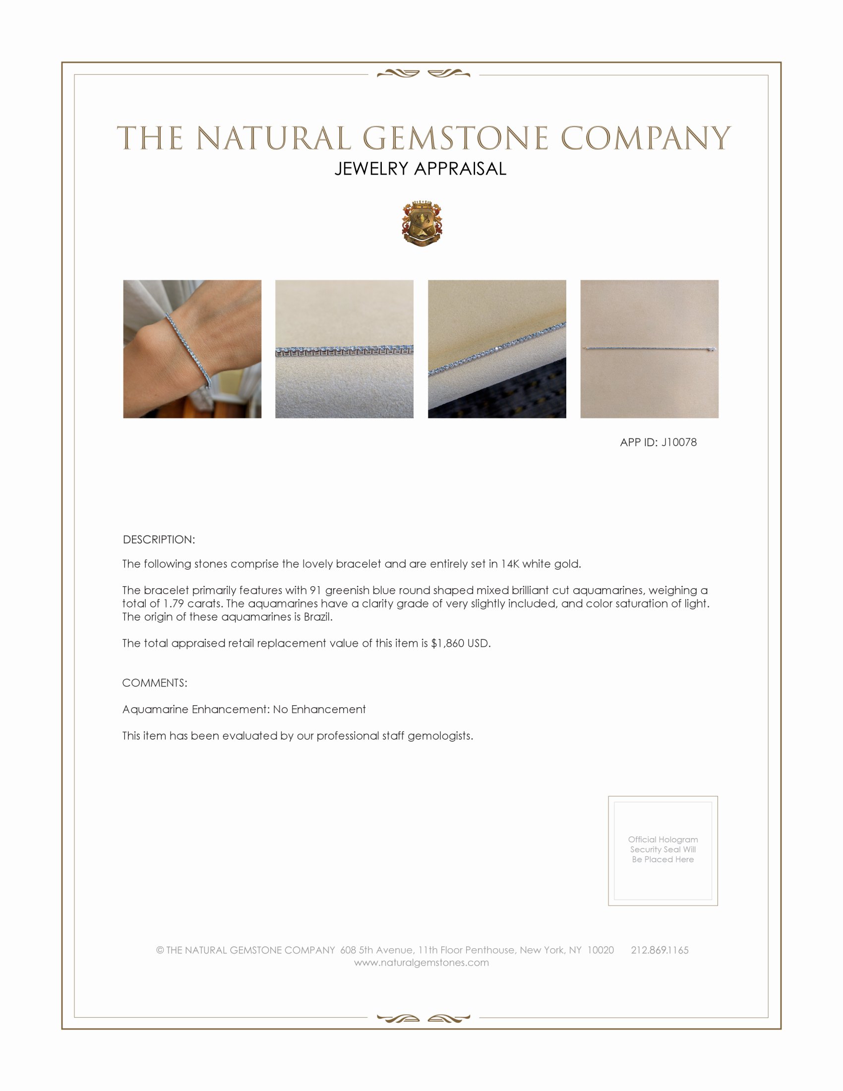 1.79 Ct.Tw. Aquamarine Tennis/Riviere Bracelet, 14K White Gold