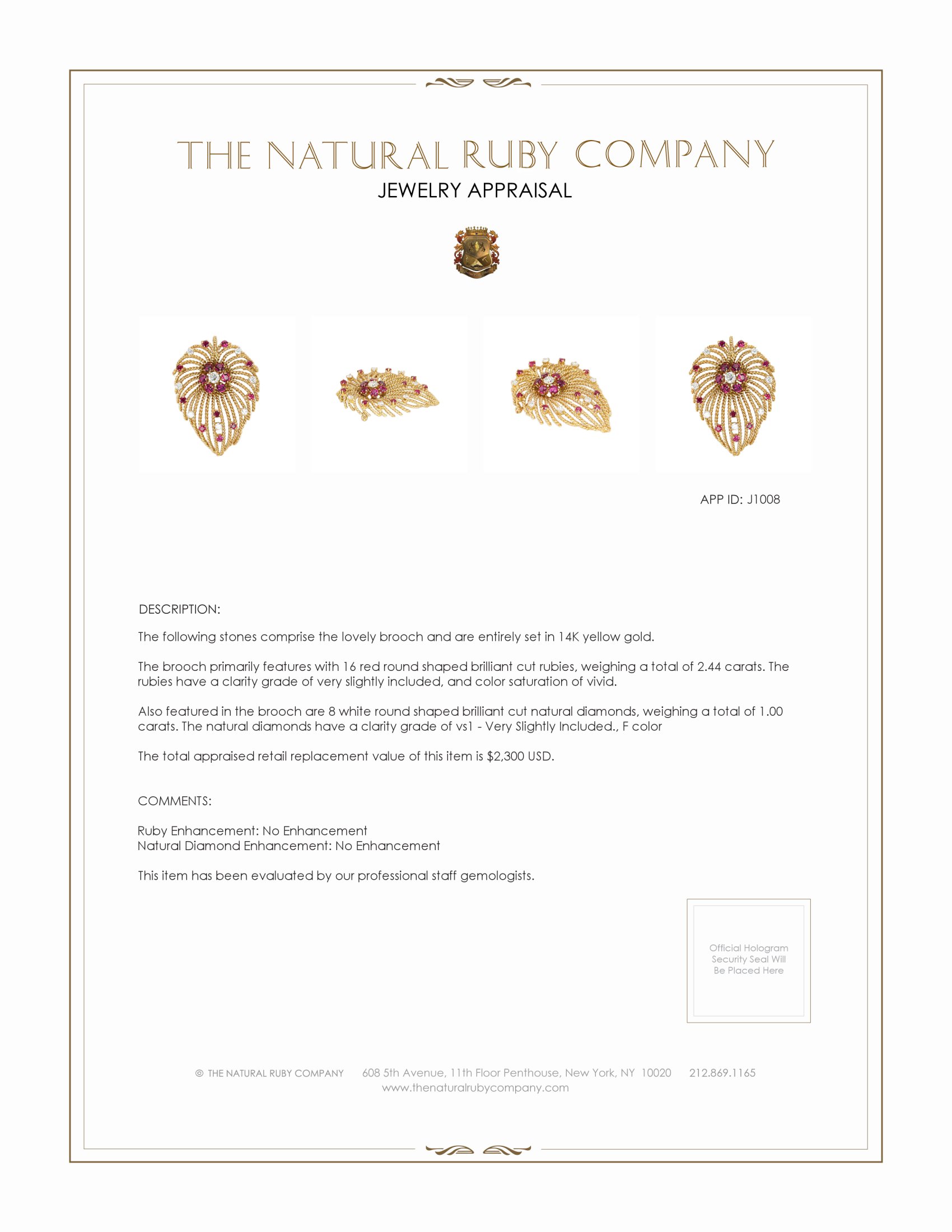 2.44 Ct. Ruby Natural Diamond Accent Stones Brooch, 14K Yellow Gold